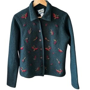 Vintage Pendleton Petite M Wool Hunter Green Embroidered Leaf Cardigan